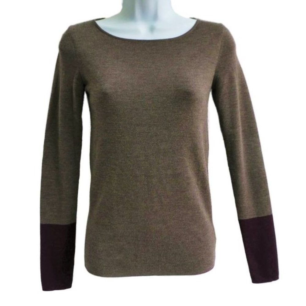 Akris Punto WooL Sweater Pullover Color Block Taupe Maroon Bateau Neck 4